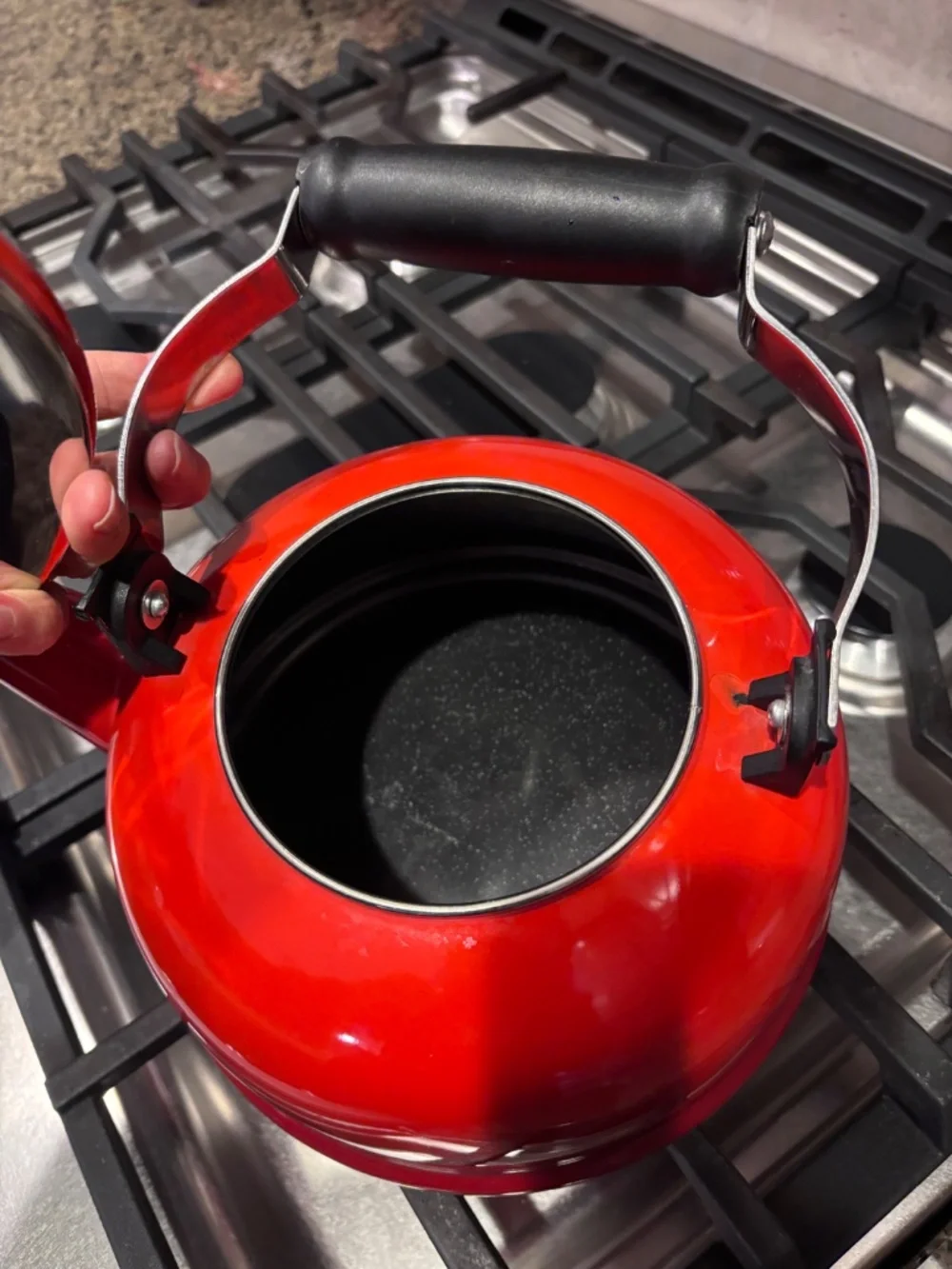 Red Le Creuset porcelain enamel 1.7 Quart tea kettle